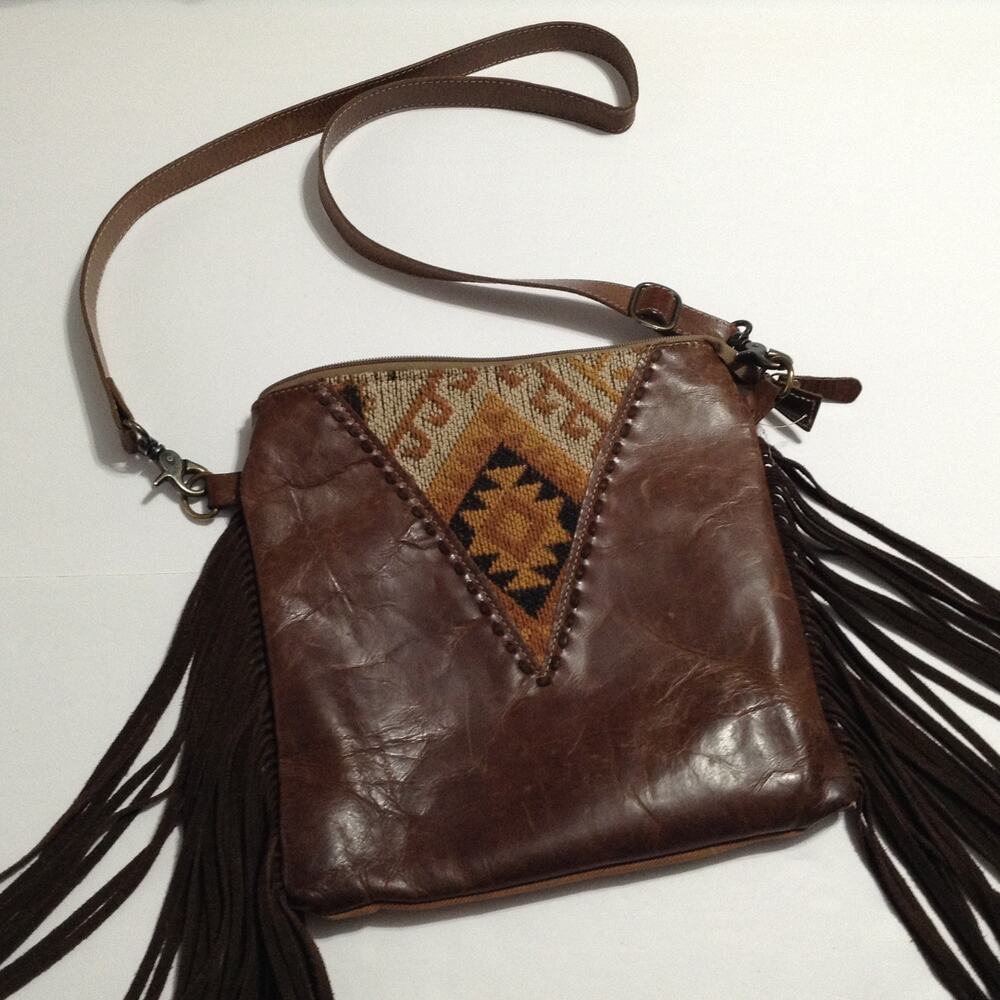 Myra Bag Leather Crossbody Bag Fringe Shoulder Purse Western Aztec Print Inset
